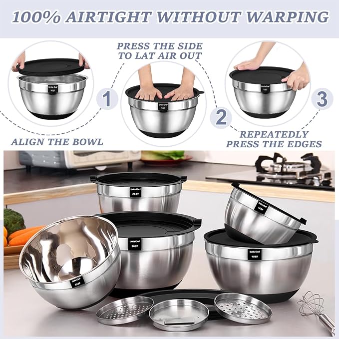 Umite Chef Mixing Bowls with Airtight Lids Set, 8PCS Stainless Steel Nesting Bowls Set, 3 Grater Attachments & Non-Slip Bottoms, Size 5, 4, 3.5, 2, 1.5QT for Baking & Mixing(Black) - Image 7
