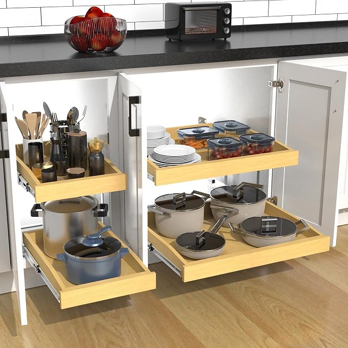 Wooden Soft Close Pull out Cabinet Organizer 26" D x 4.3" H, Heavy Duty Slide Out Drawers Pull-Out Home Organizers for Kitchen Cabinets (2 tier-26 * 21 in) - Image 6