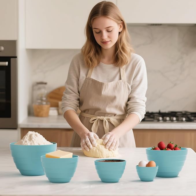 TP Mixing Bowls with Lids, 10-Piece Nesting Melamine Bowls Set for Prepping Serving Baking Cooking, Non Slip Bottom, Set of 5, Teal - Image 5