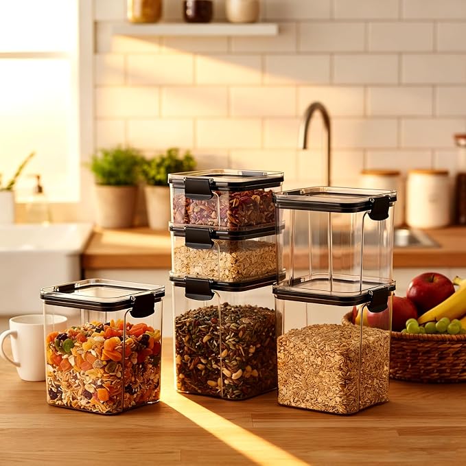 8 PCS Airtight Food Storage Containers Set, Assorted Size Plastic Cereal Containers with Lids, Clear Leakproof Kitchen Storage Container for Dry Food, Cereal, Flour and Sugar - Image 5