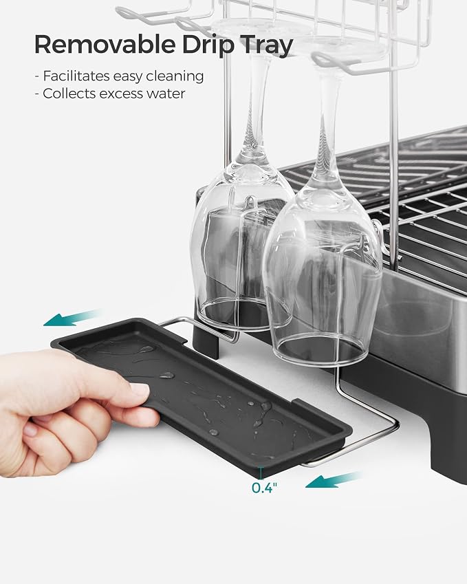 SONGMICS Dish Drying Rack - 2 Tier Dish Rack for Kitchen Counter with Rotatable and Extendable Drain Spout, Dish Drainer with Utensil, Cup, Glass, Cutting Board Holders, Black UKCS032B01 - Image 7
