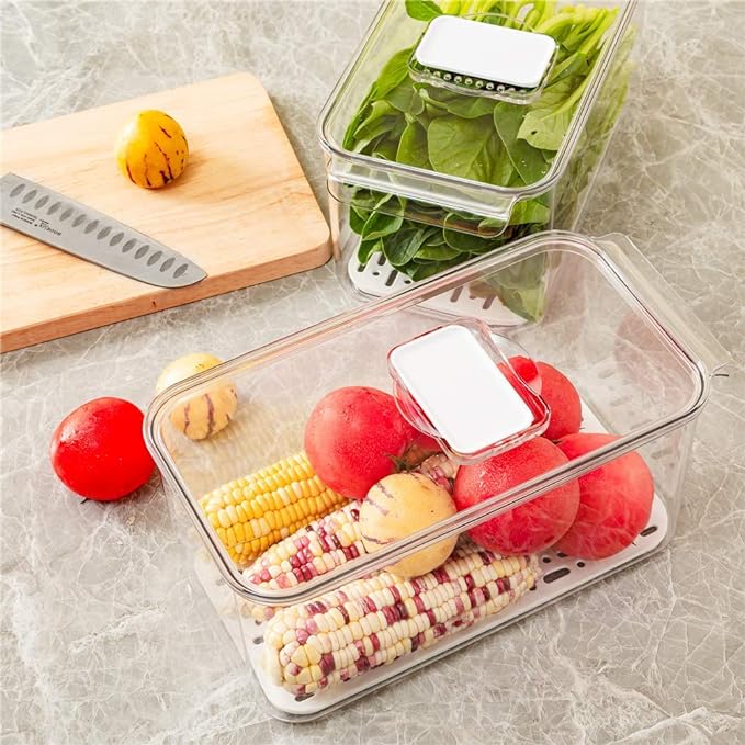 Slideep Refrigerator Food Storage Containers, Lettuce Keeper Large Produce Saver Stackable Container with Lids & Removable Drain Tray, Clear Veggie Fruit Salad Lettuce Container -2 Pack - Image 5