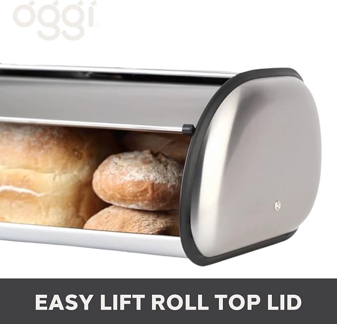 Oggi Stainless Steel Roll Top Bread Box for Kitchen Countertop with Stainless Steel Lid - Fits Multiple Large Loaves of Bread and Other Freshly Baked Goods Including Cookies, Bagels, Muffins - Image 6