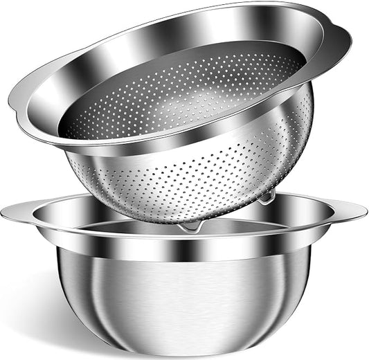3.5QT Colander with Bowl, Rice Strainer, Stainless Steel Mixing Bowls with Strainer, Pasta Strainer, Colander for Kitchen for Rice Pasta Fruits Vegetables, Rice Cleaner Strainer, Dishwasher Safe by STOCKPOT