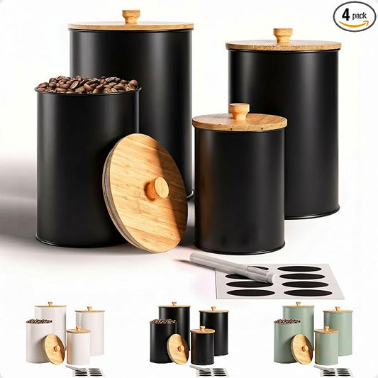 Kitchen Canisters for Countertop Set of 4 w/ Chalkboard Labels & Marker Pen | Airtight Easy Open Bamboo Lids, Dent-Resistant Thick Metal, Customizable Chalkboard Labels, Marker Pen Included, Set of 4 by HBDesignCo