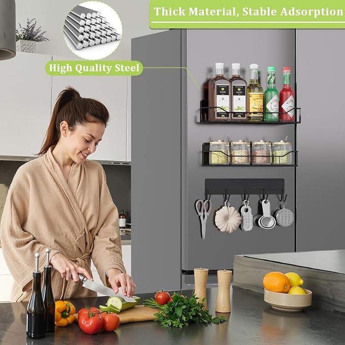 Magnetic Spice Rack for Refrigerator, 3 Pack Metal Magnet Spice Organizer Shelf with Hook Rack, Magnetic Fridge Shelves for Kitchen Organization and Storage, Seasoning Organizer Gadgets (Black) - Image 5
