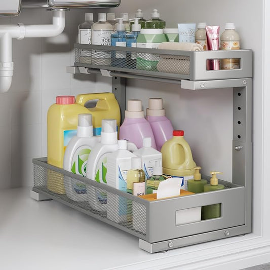1 Pack 17IN Depth Under Sink Storage Organizer, Large 2-Tier Elegant Mesh Pull Out Shelf for Kitchen and Bathroom Cabinet Organization, L-Shaped and Adjustable Height Design-Gun Gray by UnderSinkOrganizer