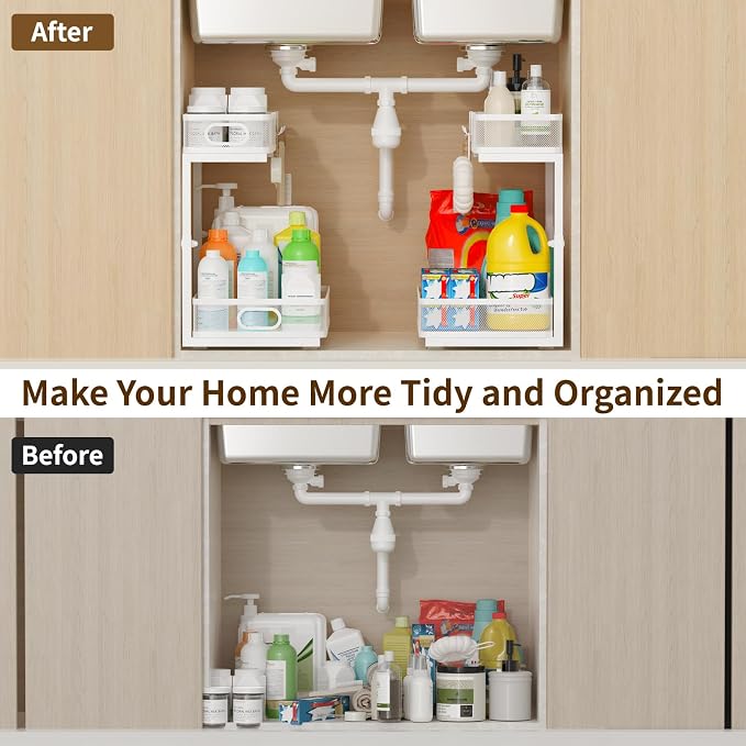 Under Sink Organizer 2 Pack, 2-Tier Slide Out Cabinet Organizer with Metal Sliding Drawer and Hooks, Pull Out Storage Baskets for Kitchen Bathroom Pantry Cabinet Organization (White) - Image 4