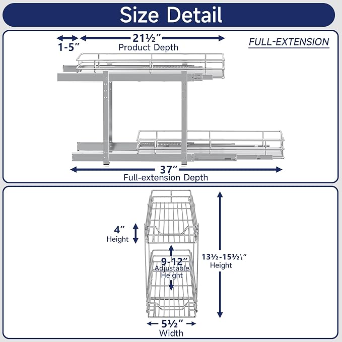 2-Tier Pull Out Cabinet Organizer, 5.5" W x 21.5" D, Heavy Duty Dual Slide Out Shelves for Narrow Base Cabinets, Chrome Wire Basket Drawer for Spices, Bottles & Snacks - Image 2