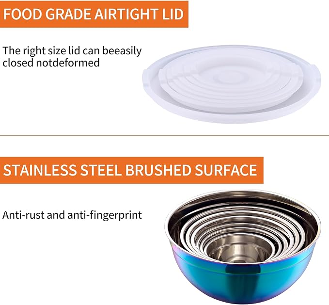 Colorful Mixing Bowls with Airtight Lids, Stainless Steel Nesting Mixing Bowls Set of 7, Ideal for Baking, Prepping and Serving Food, Size 7, 3.6, 2.7, 2.1, 1.5, 1.1,0.8 QT, Stackable Design - Image 4