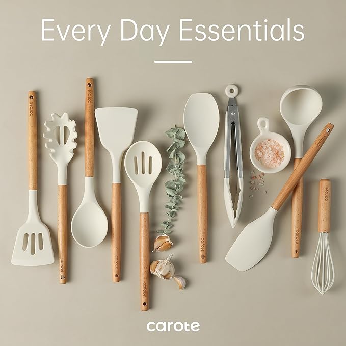 CAROTE 10-Piece Kitchen Utensils Set with Wood Cool-Touch Handles, Cream | Silicone Cooking Utensil, Food Grade, Nonstick Cookware Friendly, BPA-Free, Heat-Resistant, Everyday Home Essentials, Gifts - Image 7