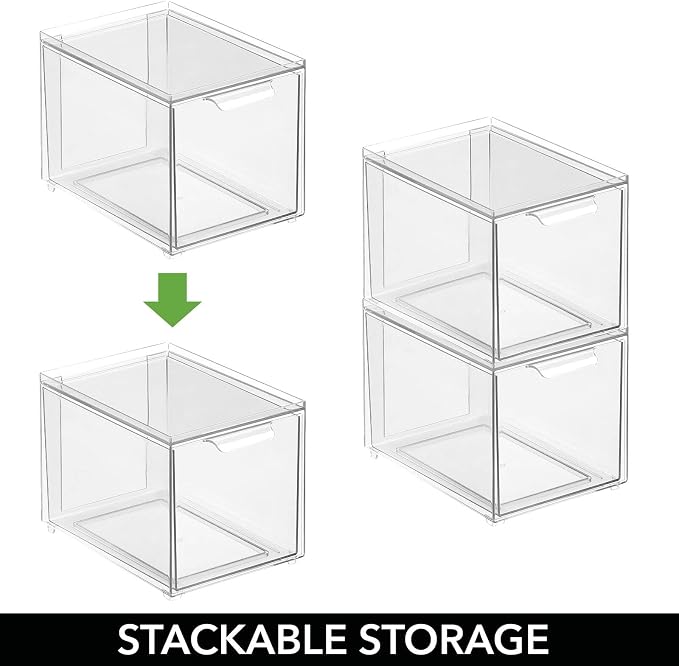 mDesign Shoe Storage Box with Drawer – Sturdy Plastic Storage Box for Shoes – Stackable Drawer Box for Shoes, Accessories and More – Pack of 4 – Clear - Image 5