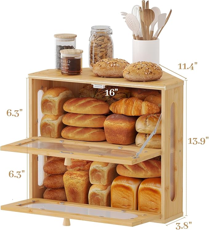 Corner Bread Box for Kitchen Countertop, 2026 New Double Layer Bamboo Bread Storage Bin, Large Bread Container for homemade bread (Natural) - Image 9