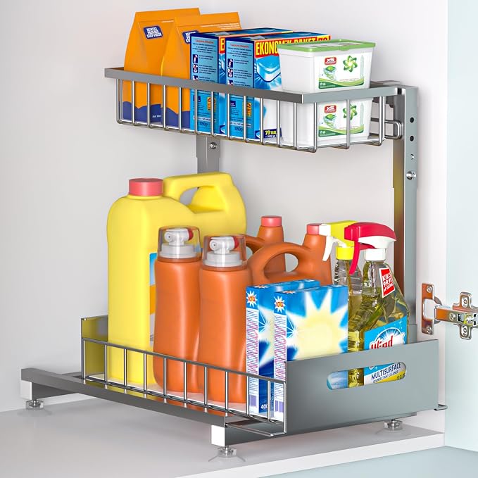 L-Shaped Under Sink Organizer, 2-Tier Pull-out Cabinet Rack 1-Pack | Grey Height-Adjustable Steel Rack, Sliding Grid Drawers with PP Liners, Holds 100 Lbs, Suction Base, Ideal Kitchen Storage by Saydear