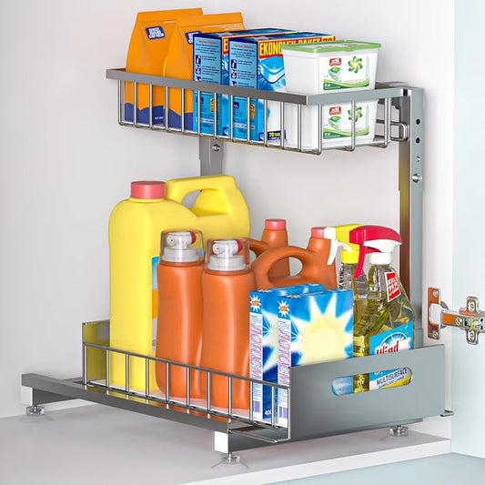 L-Shaped Under Sink Organizer, 2-Tier Pull-out Cabinet Rack 1-Pack | Grey Height-Adjustable Steel Rack, Sliding Grid Drawers with PP Liners, Holds 100 Lbs, Suction Base, Ideal Kitchen Storage by Saydear