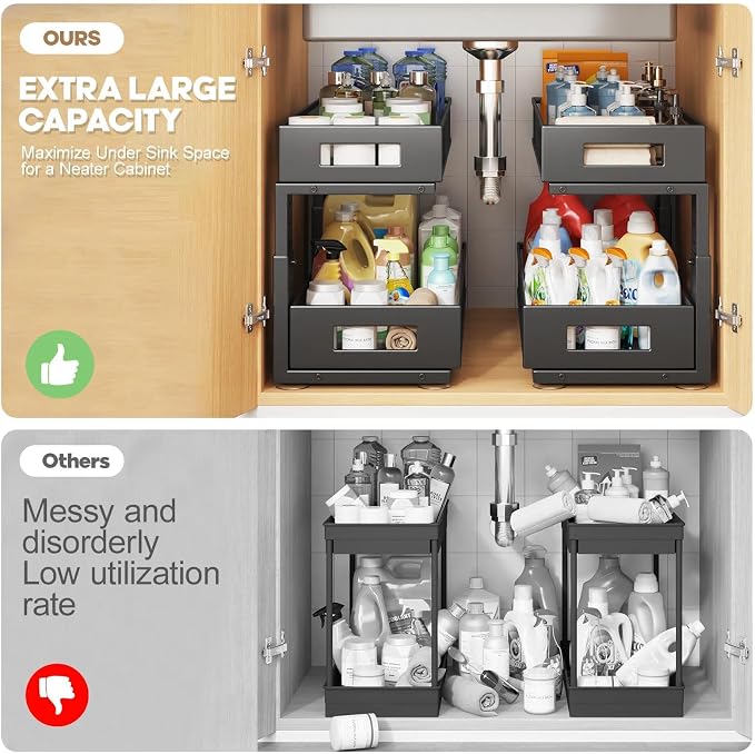 2 Packs 19IN Depth Under Sink Organizer, 2-Tier Pull Out Cabinet Organizer With Smooth Circular Rail, Large Capacity Metal Mesh Sliding Drawers For Bathroom& Kitchen Storage,Height Adjustable –Black - Image 4