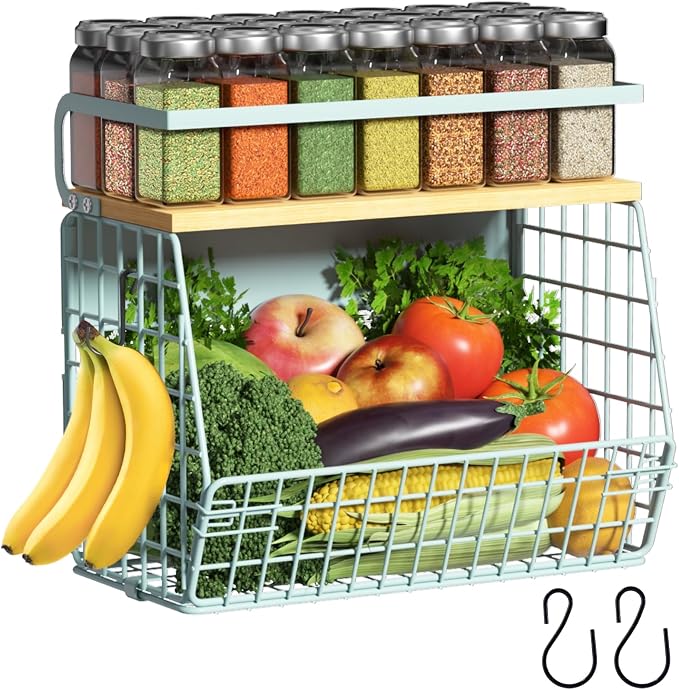 Magnetic Shelf for Fridge with Wood Lid, Fruit Potato and Onion Storage Bins, Pantry Organizers & Storage, Large Container Magnetic Spice Rack for Refrigerator, Kitchen Counter, Cabinet (Blue, 1) by Ofiray-home