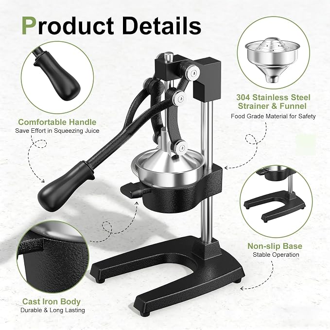 Manual Cast Iron Juicer, Commercial Hand Juicer Squeezer with Stainless Steel Cup Heavy-Duty Manual Juicer Hand Press Countertop Citrus Juice Press for Orange, Lemon, Pomegranate, Grapefruit - Image 8