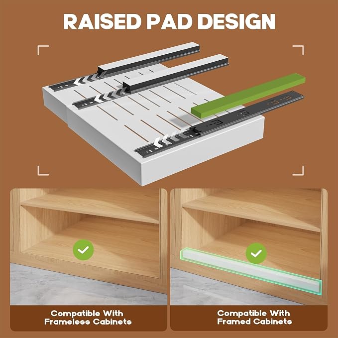 Seinloes 2 Pack Pull Out Cabinet Organizer for Wide Cabinets,Expandable 15.1"-26.3" Width,21" Deep Slide Out Drawers With Raising Pad for Framed Cabinets,3 Slide Rails,No Drill Roll Out Shelves,White - Image 5