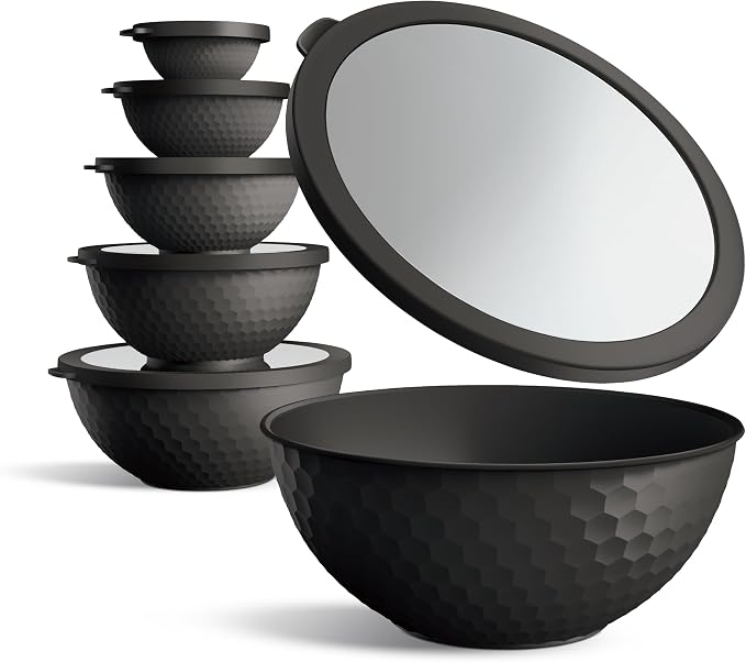 COOK WITH COLOR Mixing Bowls with Lids - 12 Piece Plastic Nesting Bowls Set includes 6 Prep Bowls and 6 Lids, Microwave Safe Mixing Bowl Set, Black Embossed - Image 2