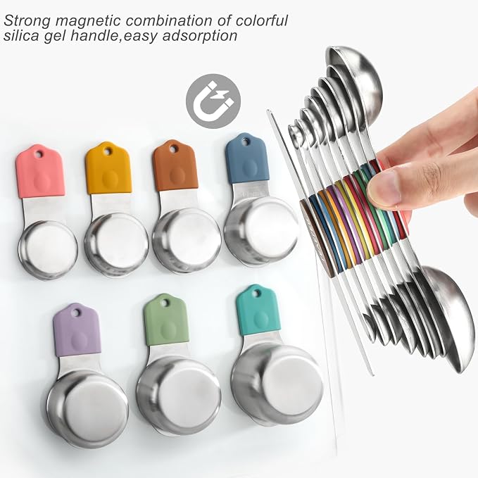 Magnetic Measuring Cups and Spoons Set of 16 Stainless Stee Stackable Nesting 7pcs Measuring Cups 9pcs Measuring Spoons for Dry and Liquid Ingredients - Image 4