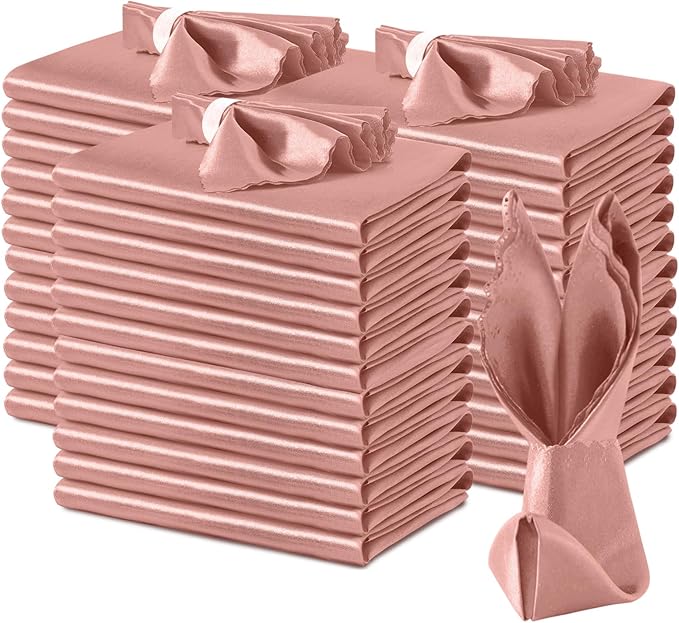 VACVELT 100 Pack Rose Gold Scalloped Satin Napkins 17x17 Inch Wedding | Scalloped Floral Edges With Silky Smooth Finish, Seamless Design, Machine Washable Wrinkle And Fade Resistant by VACVELT