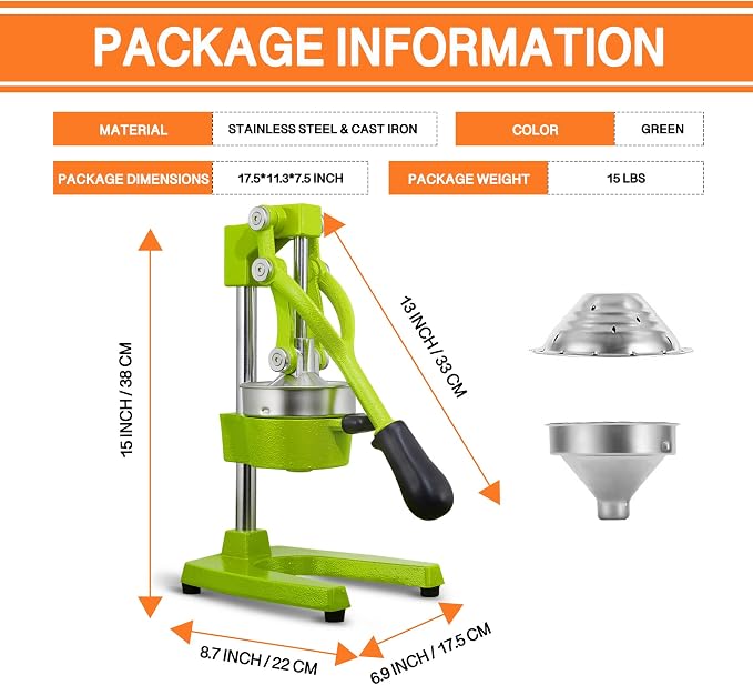 Commercial Heavy Duty Cast Iron Hand Press Manual Orange Citrus Lemon Lime Grapefruit Pomegranate Fruit Juice Squeezer Machine with Stainless Steel Cup Green - Image 7