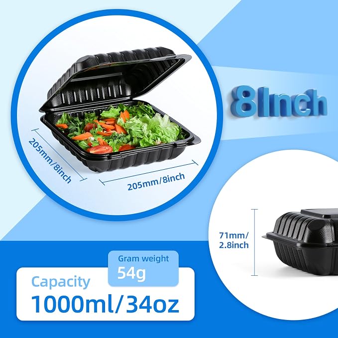 YANGRUI 55-Pack 34oz 8" Square To Go Container - Shrink Wrapped No Pre-Wash | Heavy Duty Mineral PP, Microwave & Freezer Safe | Leak-Resistant Hinged Clamshell for Leftovers, Family Gatherings & Parties - Image 3