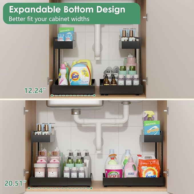 Under Sink Organizer, L-Shaped Pull Out Cabinet Rack for Kitchen | Expandable Width, 6-Level Height, Quiet Sliding Rails, Heavy-Duty Alloy Steel Frame, Pipe Clearance Design for Tight Cabinets - Image 2