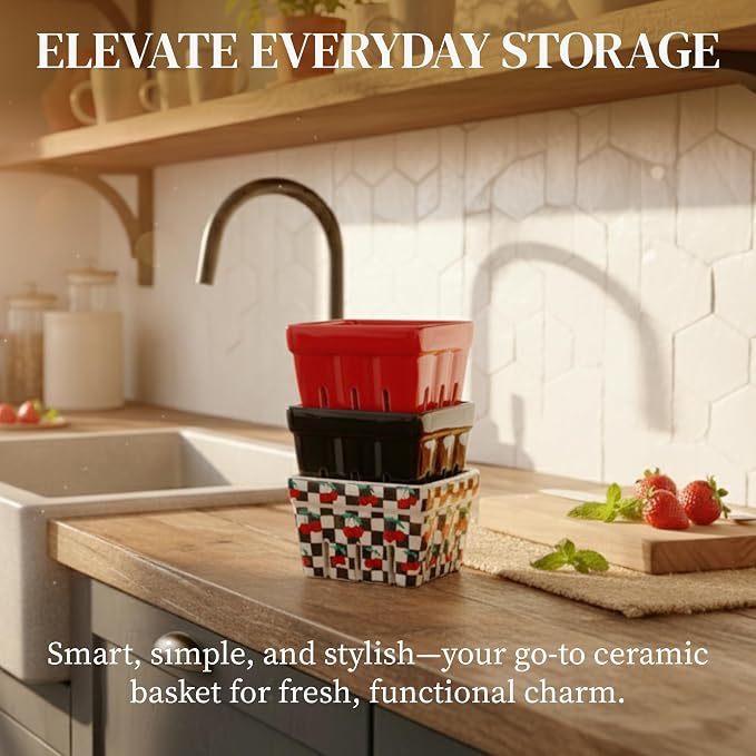 Ceramic Berry Baskets Set of 4, Checkered Fruit Colanders | Black and white checkered with red cherry pattern, stoneware, dishwasher safe, drains and stores berries, farmhouse kitchen - Image 2