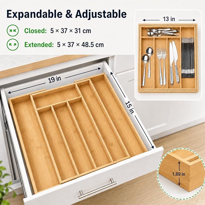 MASS DYNAMIC Bamboo Expandable Cutlery Tray (7 Compartments (4S & 3L)) - Image 3