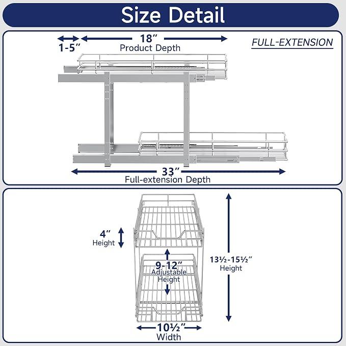 2-Tier Pull Out Cabinet Organizer, 10.5" W x 18" D, Heavy Duty Dual Slide Out Shelves for Narrow Base Cabinets, Chrome Wire Basket Drawer for Spices, Bottles & Snacks - Image 2