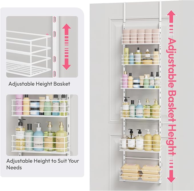 SWTYMIKI Over The Door Organizer - Door Organizer Hanging with 6 Adjustable Metal Large Capacity Basket, Wall Mounted Shelf for Bedroom Closet Bathroom Laundry Pantry Cabinet Kitchen(White) - Image 6