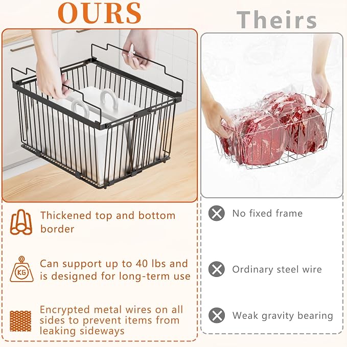 Large Freezer Organizer Bins for 5 to 9 Cu.Ft,Leak-Proof Bottom，3 Pack | ANJUBANFreezer Organizer Bins, Stackable,expandable,foldable,With handle Wire Storage Container Baskets for Sort Frozen Meats - Image 3
