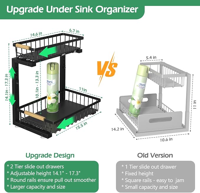 ADRIMER Under Sink Organizer 2 Packs, Pull Out Kitchen Sink Organizer, 2 Tier Slide Out Kitchen Organizers and Storage Bathroom Under Cabinet Storage Shelf, Black - Image 6