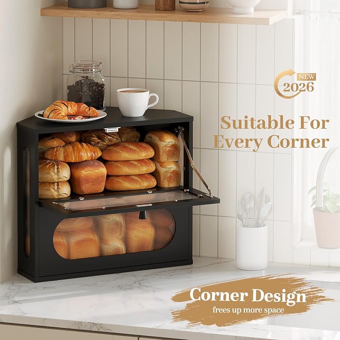 Corner Bread Box for Kitchen Countertop, 2026 New Double Layer Bamboo Bread Storage Bin, Large Bread Container for homemade bread (Black) - Image 2