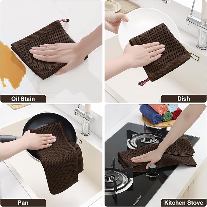 Homaxy 8 Pack 100% Cotton Kitchen Towels and Dishcloths Set, Dark Brown | 12 x 12 Inches and 13 x 28 Inches Kitchen Towels Set, Ultra Soft Absorbent Dish Cloths for Washing Dishes - Image 5