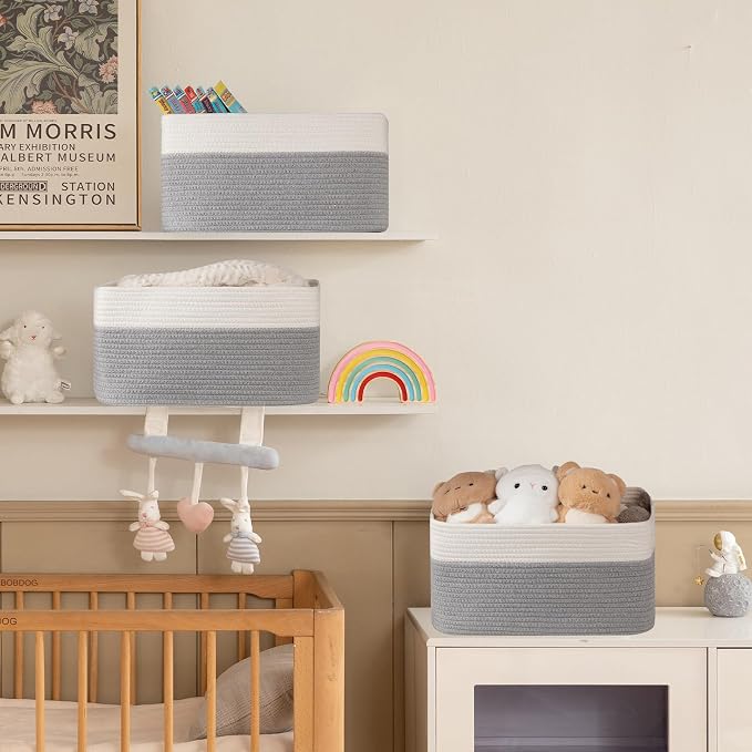 4 Pack Storage Baskets for Organizing, Woven Baskets for Shelves - Perfect for Toys, Books, Towels, and Clothes, Durable Gift Basket Bins Toy Storage, 15.7''Lx11.8''Wx7.8''H, Grey and White - Image 5