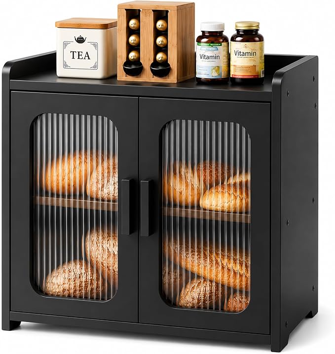 Premium Solid Wood Bread Box for Kitchen Countertop, 2-Tier Breadbox | Large Capacity, Corner Bread Box for Homemade Bread and Sourdough, Kitchen Countertop Organizer, Black by florwishhome