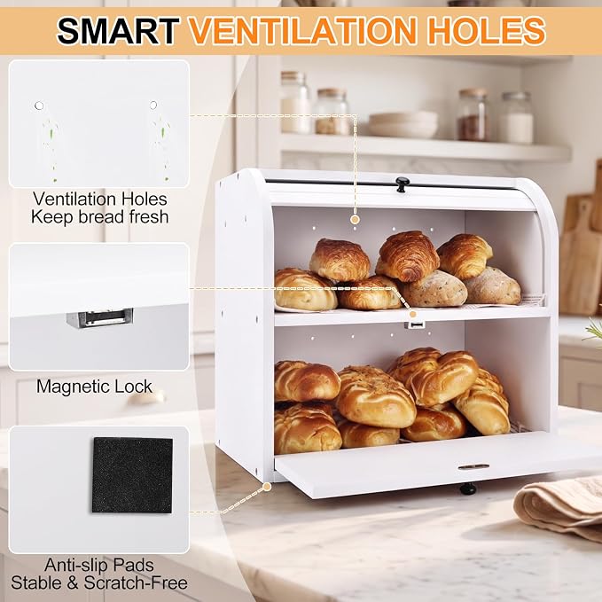 Alpeir Roll Top Bread Box with Cutting Board for Kitchen Countertop, White | Large Breadbox with Ventilation Holes, Double Layer Pantry Shelf, Wooden Homemade Bread Storage Container, Vintage Farmhouse - Image 7