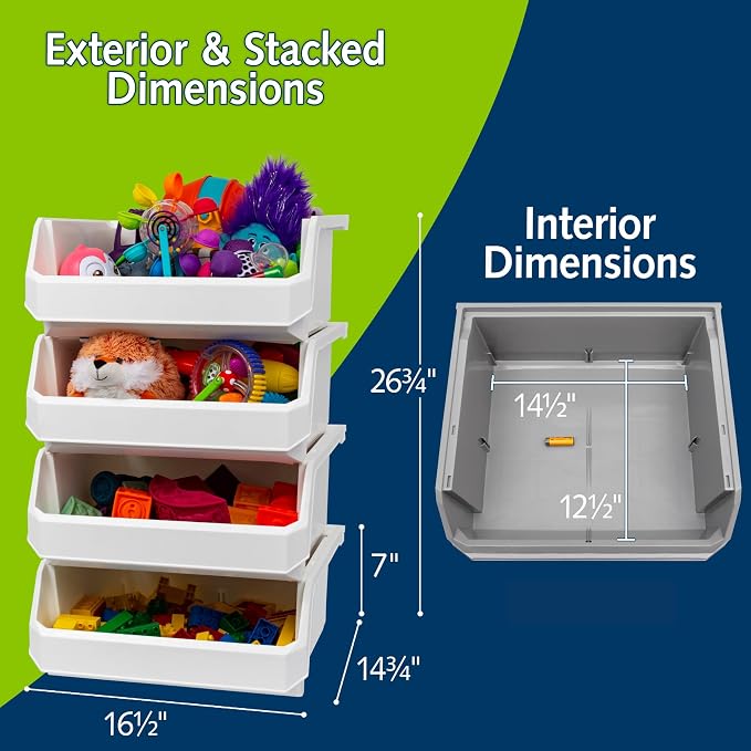 Extra Large Stackable Plastic Storage Bins, 4-Pack, White | Open-Front Stackable Bins For Garage, Pantry, Closet & Office, 14,8"L X 16,5"W X 7"H, Nests When Empty, Durable Plastic, - Image 3