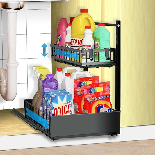 sagetta Black Under Sink Organizers with Sliding Rails Under Kitchen Sink Organizers and Storage Pull out Kitchen Cabinet Organizer Height Adjustable Cabinet Storage Shelves Two Tiers by SagettaHOME
