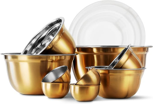 COOK WITH COLOR 18 Piece Mixing Bowls Set with Airtight Lids, Stainless Steel Bowl Organizers, Food Storage Containers, Meal Prep, Nesting Salad Bowls For Cooking, Baking, Kitchen Use, Gold by CookwithColor