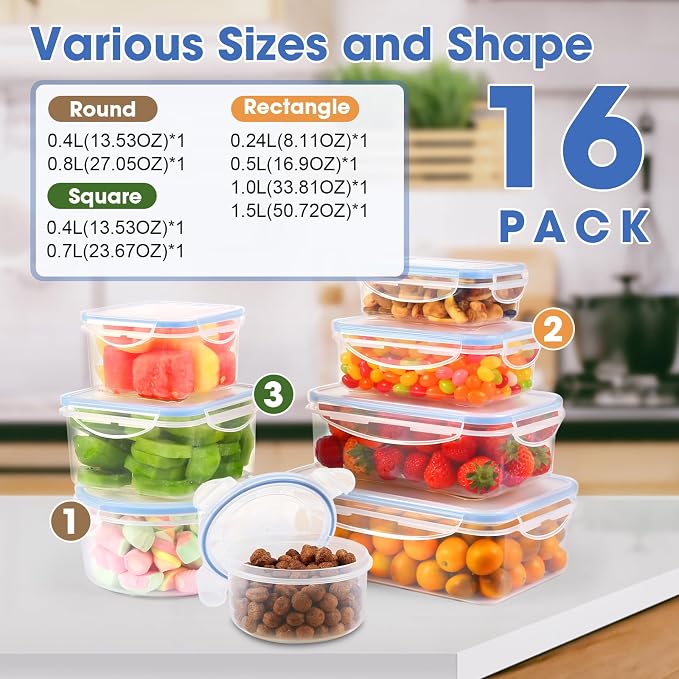 YASHE Food Storage Containers 16PCS (8 Containers + 8 Lids), Airtight Plastic Food Containers with Lids, Pantry & Kitchen Containers, Leak-Proof, BPA Free, Microwave & Freezer Safe - Image 2