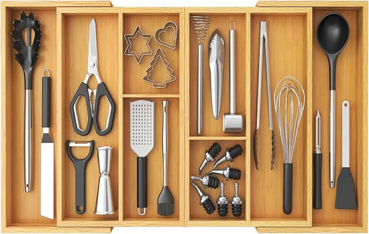 Lifewit Expandable Utensil Organizer for Kitchen Drawer, Cutlery Holder | Adjustable Cooking Silverware Tray, Bamboo Flatware Spatula Tools Gadgets Storage Divider, 21-36 x 16", Natural by Lifewit