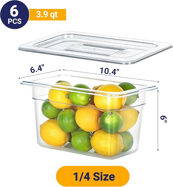 BIEAMA 6 Pack 1/4 Size 6" Deep NSF Polycarbonate Food Pans with Lids | Stackable clear containers for meal prep, buffet, salad bars, commercial & home kitchen; dishwasher safe and freezer safe - Image 2