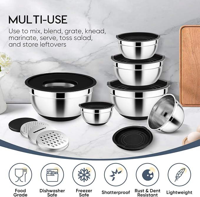 E-far Mixing Bowls with Airtight Lid Set, 25PCS Stainless Steel Nesting Prep Bowls with Grater Attachments Non-Slip Bottoms for Cooking, Baking, Serving, Food Storage, 4.6/2.6/2/1.5/1/0.7QT - Black - Image 6