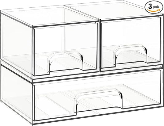 Stackable Storage Drawers, 3 Pack Clear Acrylic Makeup & Bathroom Organizer, Versatile Storage Bins for Vanity, Under Sink, Kitchen Cabinets & Pantry by Criusia