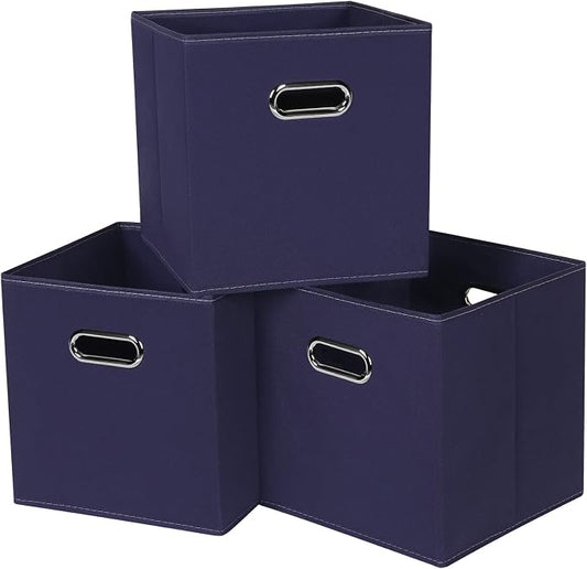 Fabric Cubby Storage Bins，13x13x13 Inches ，Cube Organizer Bins Foldable Storage Bins with Dual Handles Fabric Organizer Bins and Basket Storage Box，Set of 3 ，Navy Blue by Yunkeeper