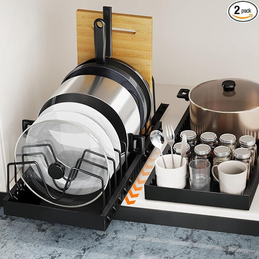 Expandable Pot and Pan Organizer for Cabinet, 10-Tier Sliding Pullout Rack | Under Cabinet Pull Out Shelves with Two Types of Shelves for Pots, Lids, Bottles and Pans, 2 Pack by FLSEPAMB